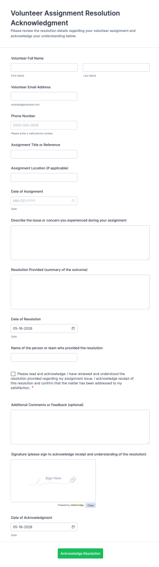 Volunteer Assignment Resolution Acknowledgment Form Template