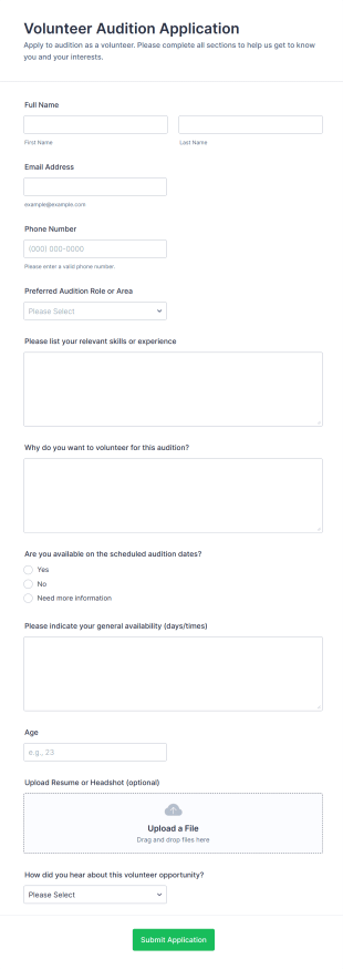 Volunteer Audition Application Form Template