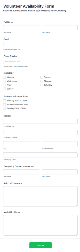 Volunteer Availability Form Template