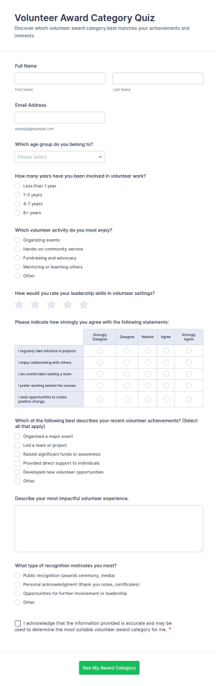 Volunteer Award Category Quiz Form Template