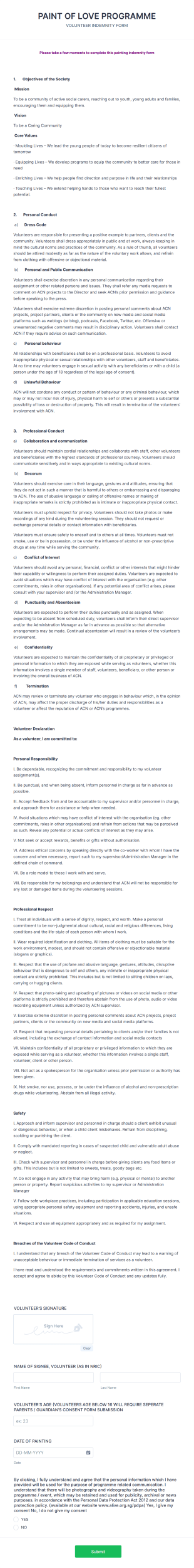 Volunteer Code Of Conduct Form (Volunteer's Acknowledgement) Form Template