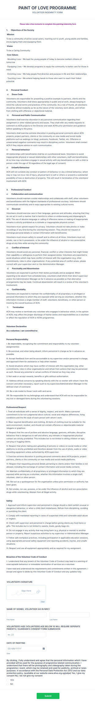 Volunteer Indemnity Form Template