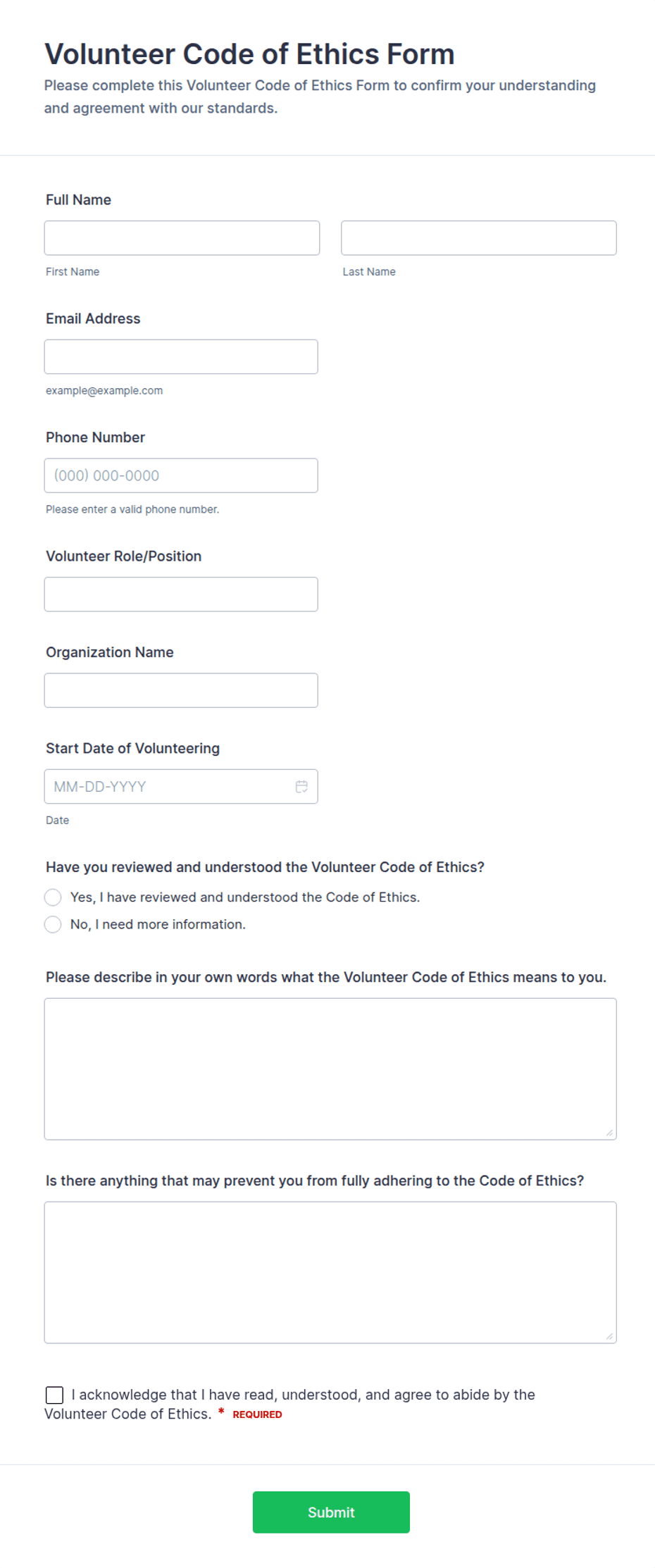Volunteer Code of Ethics Form Template | Jotform