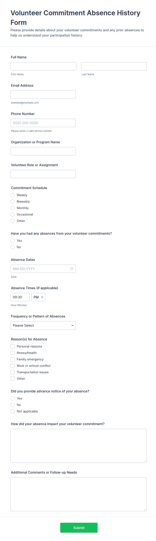 Volunteer Commitment Absence History Form Template