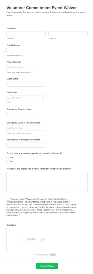 Volunteer Commitment Event Waiver Form Template
