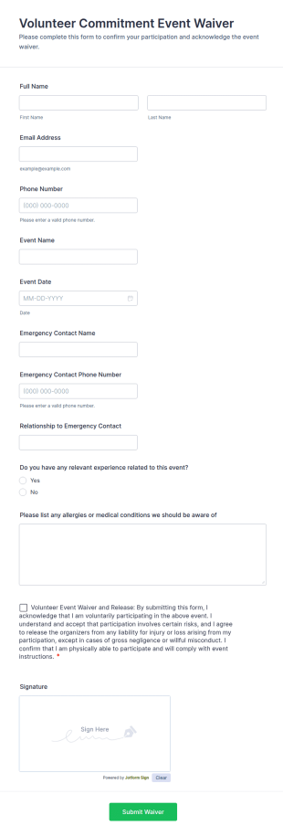 Volunteer Commitment Event Waiver Form Template