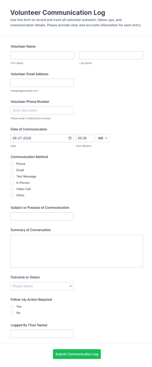 Volunteer Communication Log Form Template