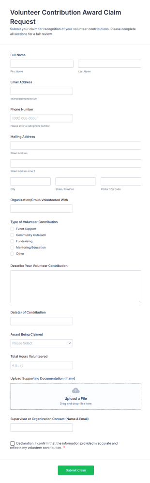 Volunteer Contribution Award Claim Request Form Template