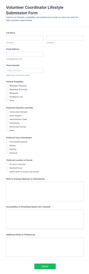 Volunteer Coordinator Lifestyle Submission Form Template