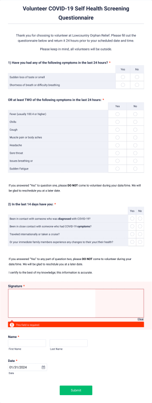 Volunteer COVID 19 Self Health Screening Questionnaire Form Template
