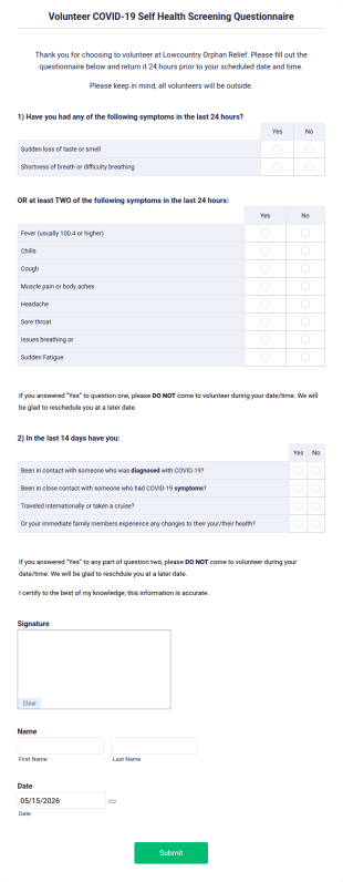 Volunteer COVID 19 Self Health Screening Questionnaire Form Template