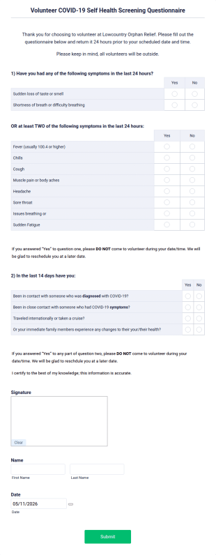 Volunteer COVID 19 Self Health Screening Questionnaire Form Template