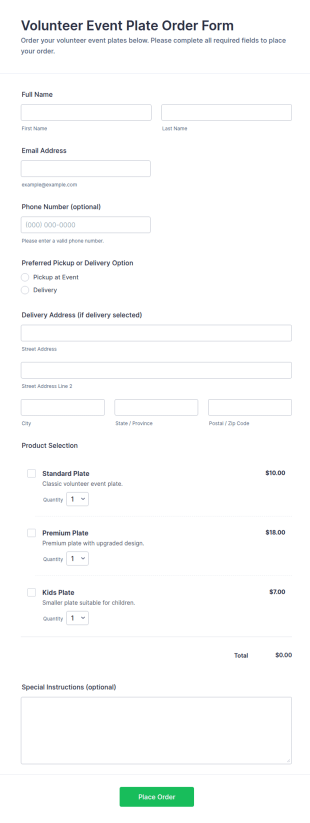 Volunteer Event Plate Order Form Template
