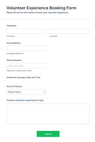 Volunteer Experience Booking Form Form Template
