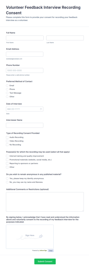 Volunteer Feedback Interview Recording Consent Form Template