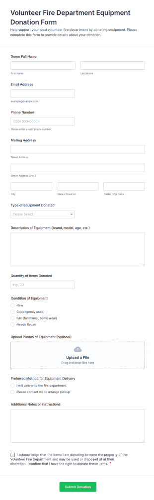 Volunteer Fire Department Equipment Donation Form Template