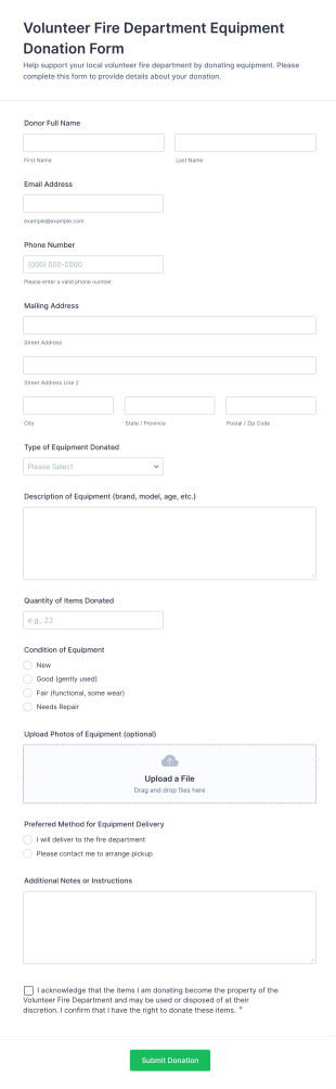 Volunteer Fire Department Equipment Donation Form Template