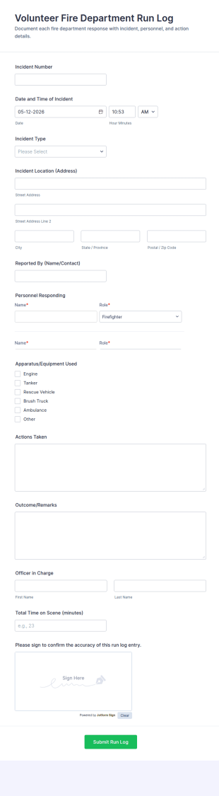 Volunteer Fire Department Run Log Form Template