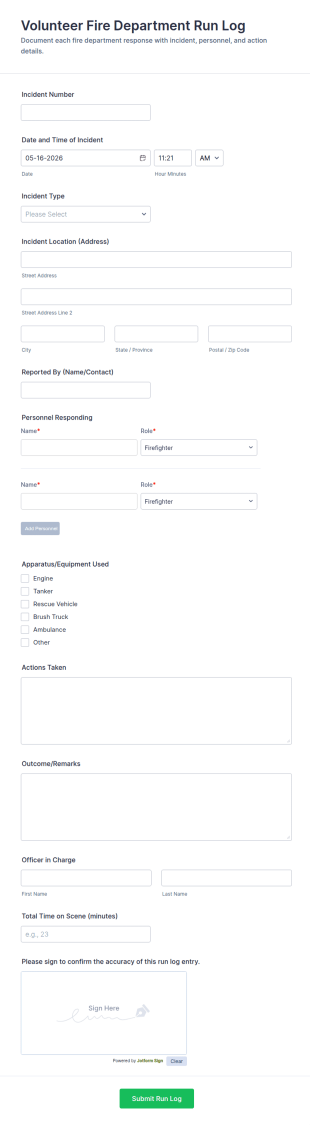 Volunteer Fire Department Run Log Form Template