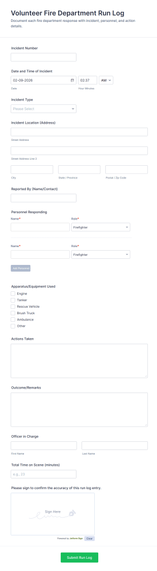 Volunteer Fire Department Run Log Form Template