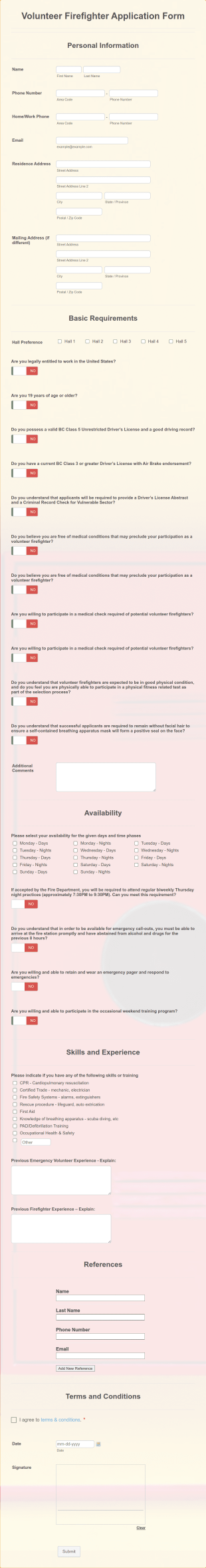 Volunteer Firefighter Application Form Template