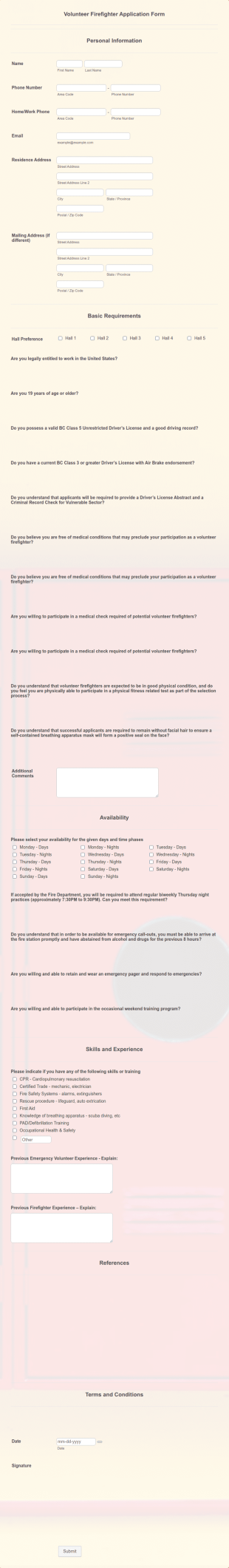 Volunteer Firefighter Application Form Template