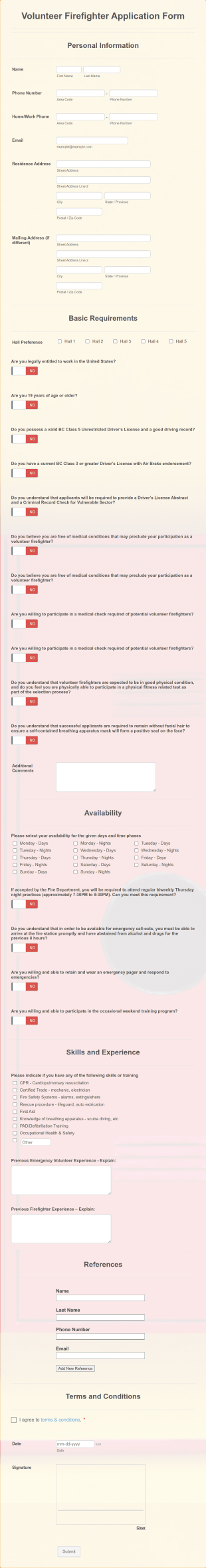 Volunteer Firefighter Application Form Template