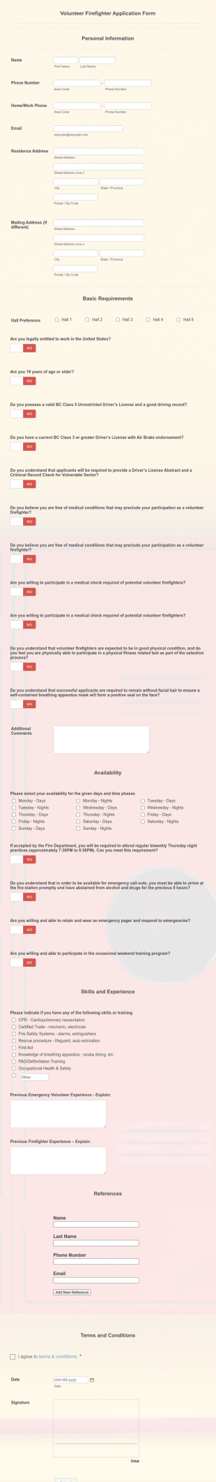 Volunteer Firefighter Application Form Template