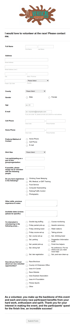 Volunteer Form For Race Event
