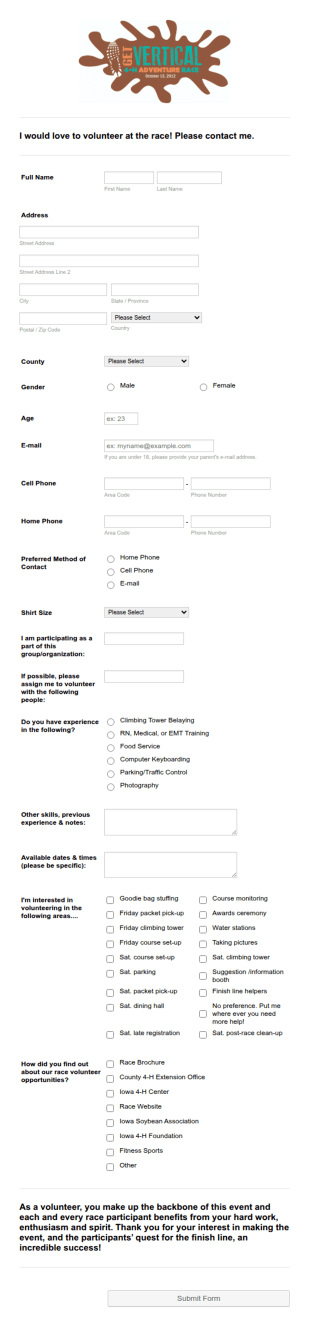 Volunteer Form For Race Event
