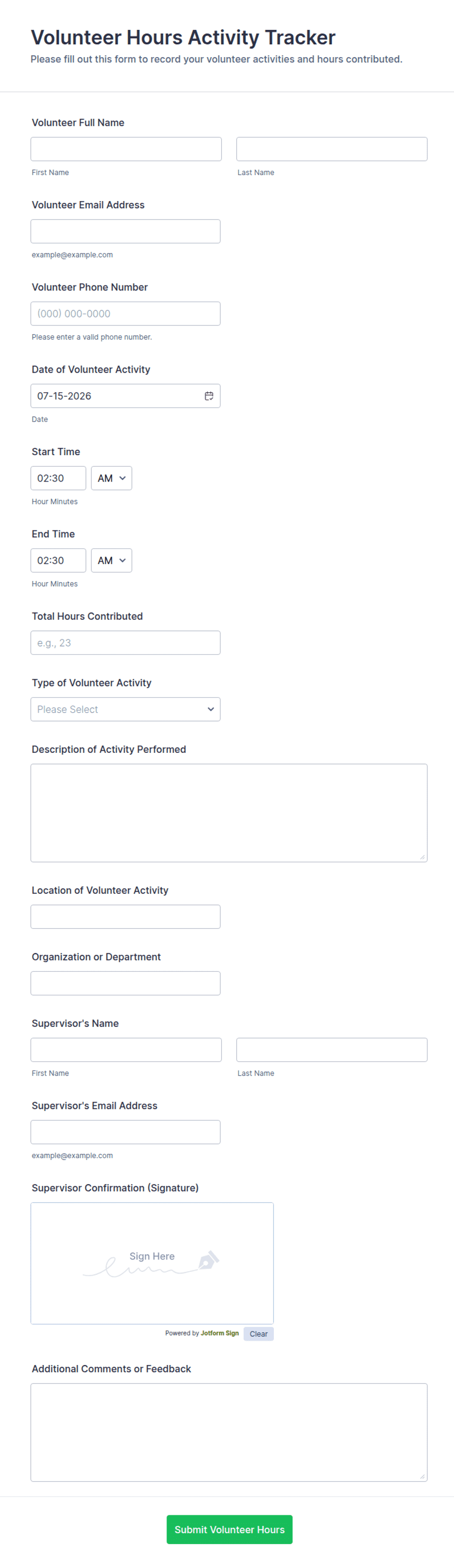 Volunteer Hours Activity Tracker Form Template | Jotform