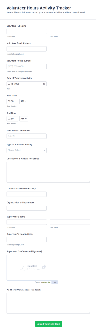 Volunteer Hours Activity Tracker Form Template