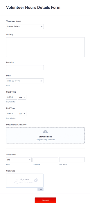 Volunteer Hours Details Form Template
