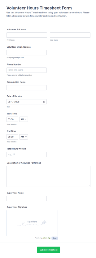 Volunteer Hours Timesheet Form Template