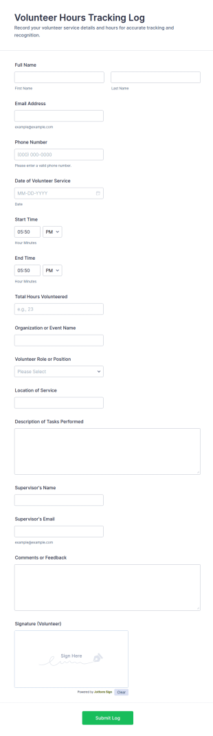 Volunteer Hours Tracking Log Form Template