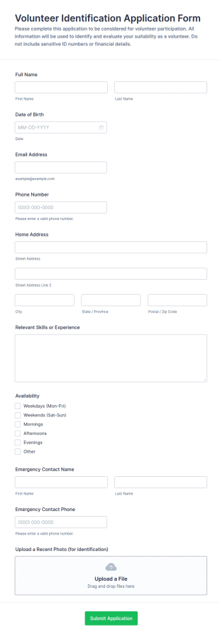 Volunteer Identification Application Form Template