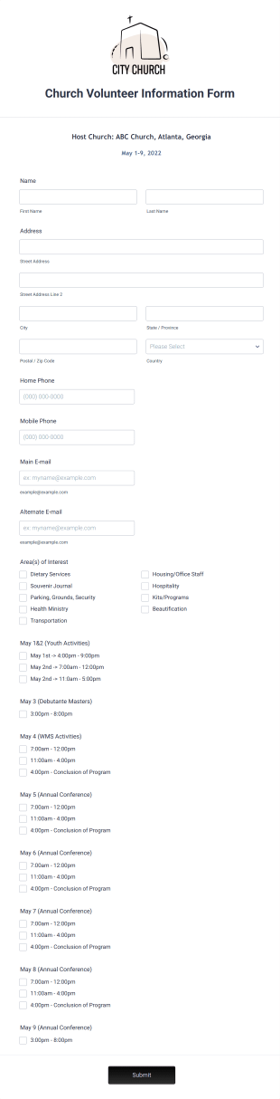 Church Volunteer Information Form Template