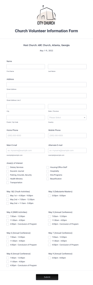 Church Volunteer Information Form Template
