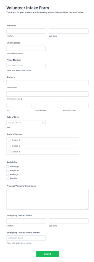 Volunteer Intake Form Template