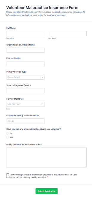 Volunteer Malpractice Insurance Form Template