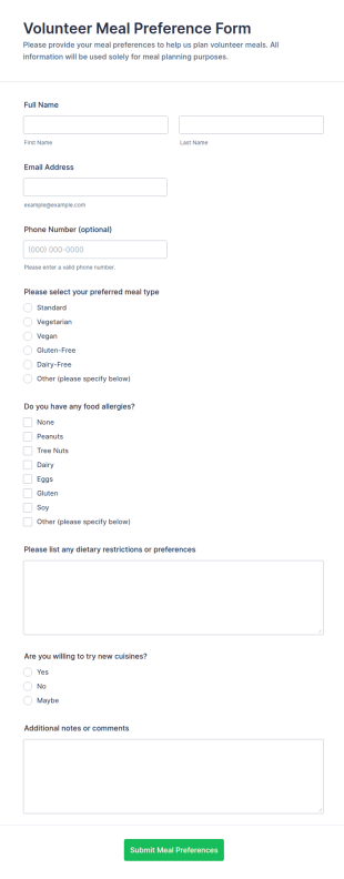 Volunteer Meal Preference Form Template