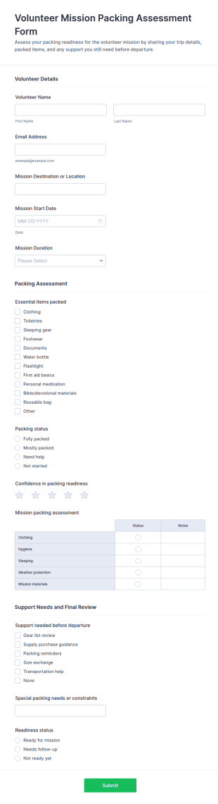 Volunteer Mission Packing Assessment Form Template