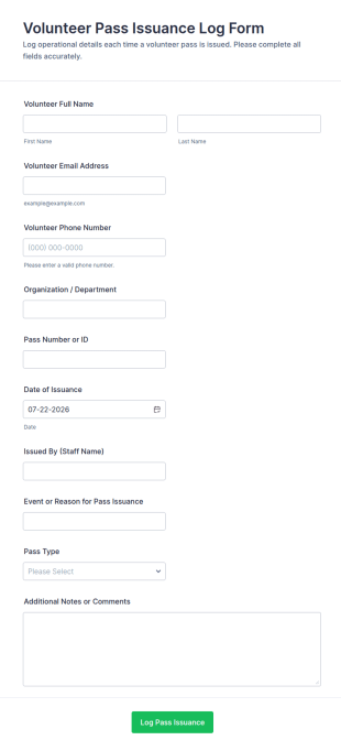 Volunteer Pass Issuance Log Form Template