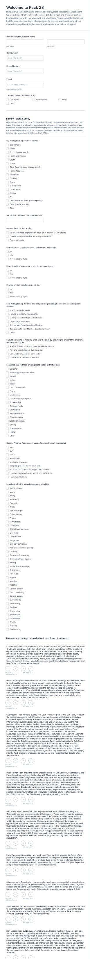Volunteer Position Preference Form Template