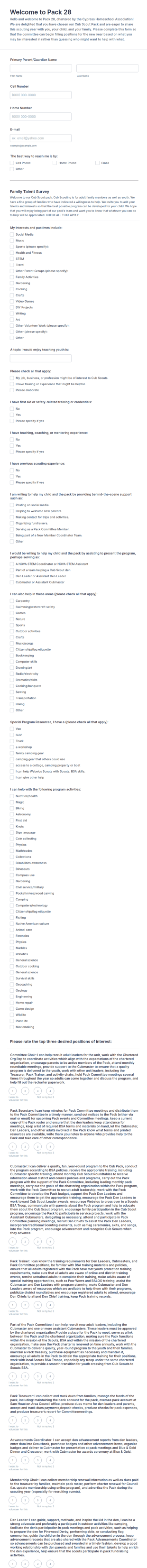 Volunteer Position Preference Form Template