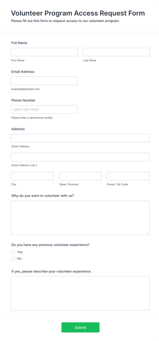 Volunteer Program Access Request Form Form Template