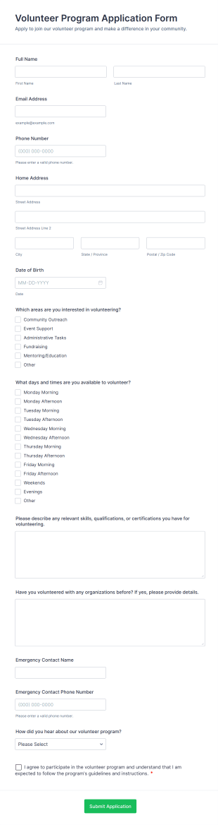 Volunteer Program Application Form Template