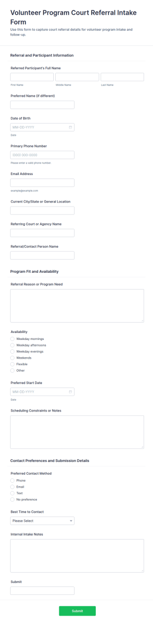 Volunteer Program Court Referral Intake Form Template