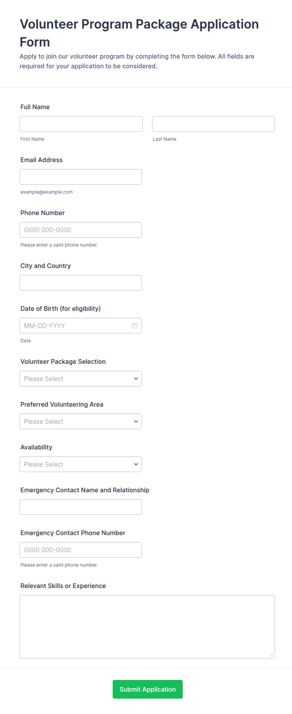 Volunteer Program Package Application Form Template | Jotform