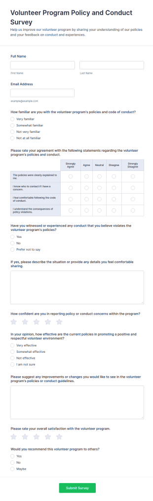 Volunteer Program Policy And Conduct Survey Form Template